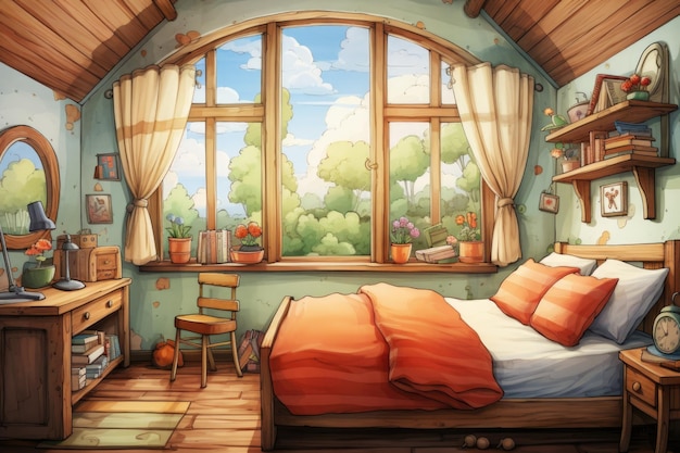 An illustration of a bedroom with a bed and a window ai