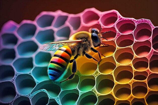 illustration bee on a colorful honeycomb ai generative