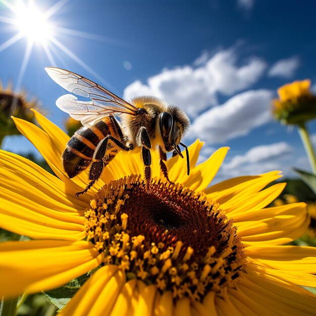 Illustration of a bee is sitting on a sunflower dutch angle