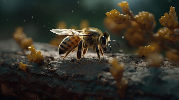 Иллюстрация пчелы, сосущей нектар с близкого расстояния