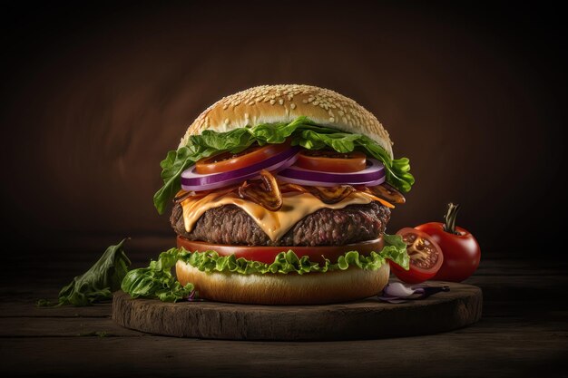 Illustration of a beef burger with lettuce tomato and onion on a dark background AI Generation