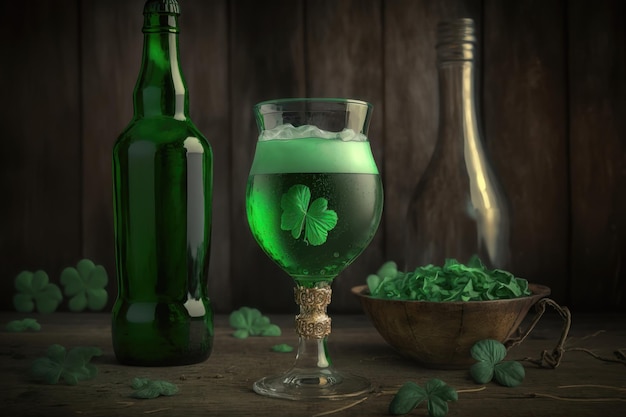 Illustration of beer in a bottle and in a glass in a pub on the table St Patrick's Day Concept AI Generation