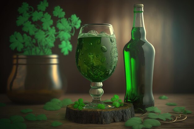 병에 든 맥주와 테이블에 있는 술집의 잔에 든 그림 St Patrick's Day Concept AI Generation