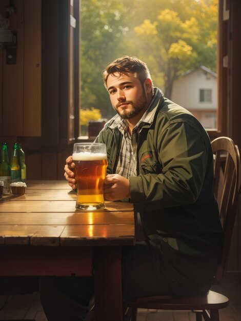 テーブルの上のビール瓶とグラスのイラスト