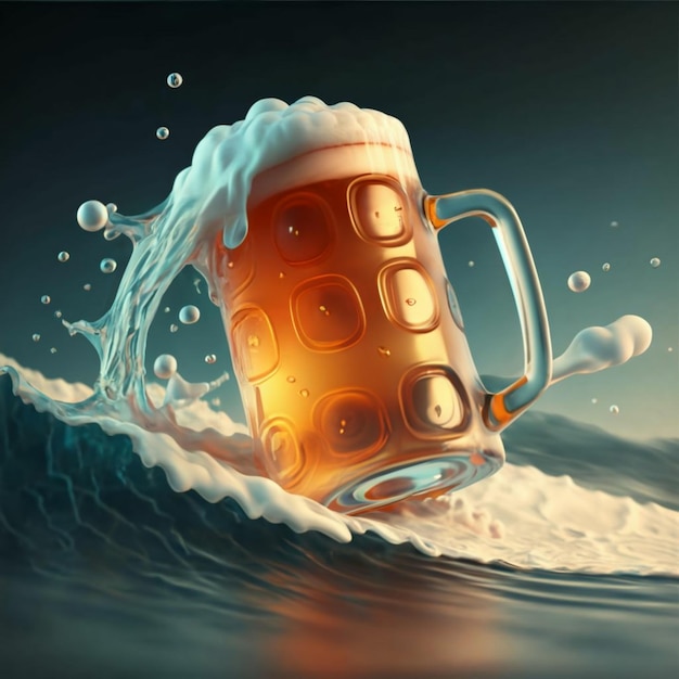 Illustration of a beer mug surfing a wave