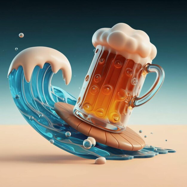 Illustration of a beer mug surfing a wave