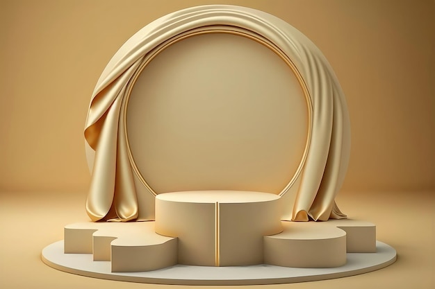 Illustration of a beige display podium with silk fabric AI generation