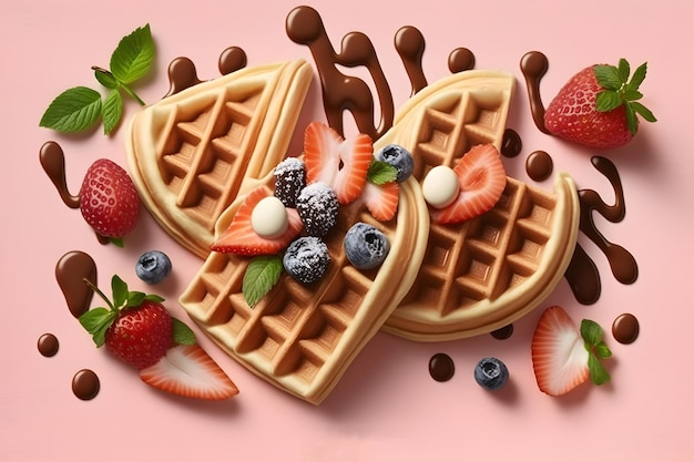 Illustration of Belgian waffles with chocolate and berries on a pink background Generative AI 2