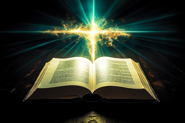 illustration of a bible and a glowing burning cross