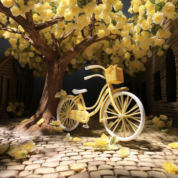 illustration of a bicycle parked_under the tree paper art style hype