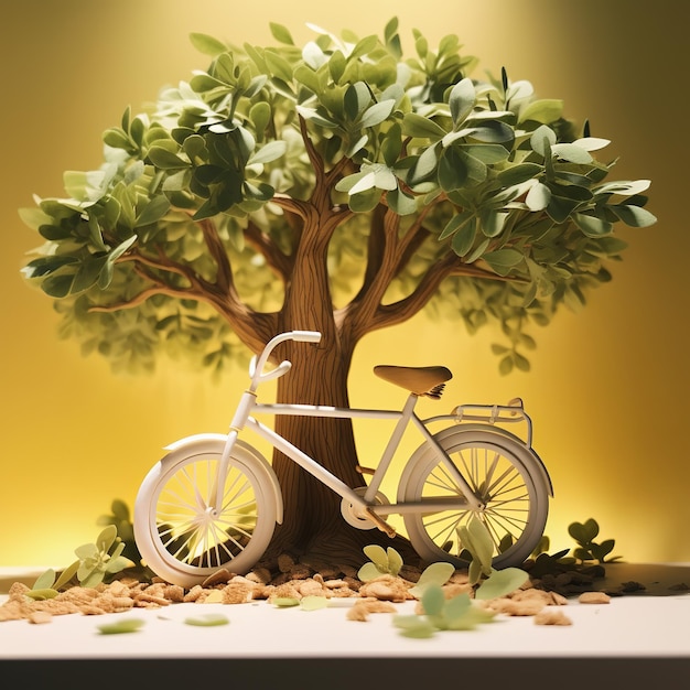 Illustration of a bicycle parked_under the tree paper art style hype