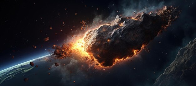 Photo illustration a big burning asteroid in space damage flying to earth background generate ai