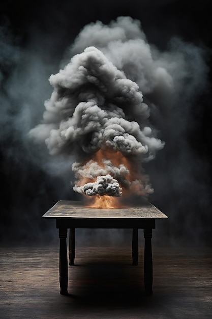 Illustration of a big cloud of smoke coming out of a wooden table