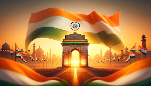 Illustration of big indian wavy flag above india gate