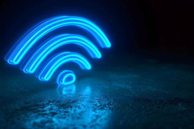 Illustration of big WiFi icon on the dark background with vivid blue light