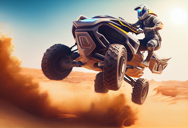 Illustration of biker rides on road of sand dunes on blue sky background