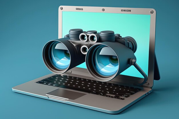 Illustration of binoculars on laptop screen blue background Generative AI