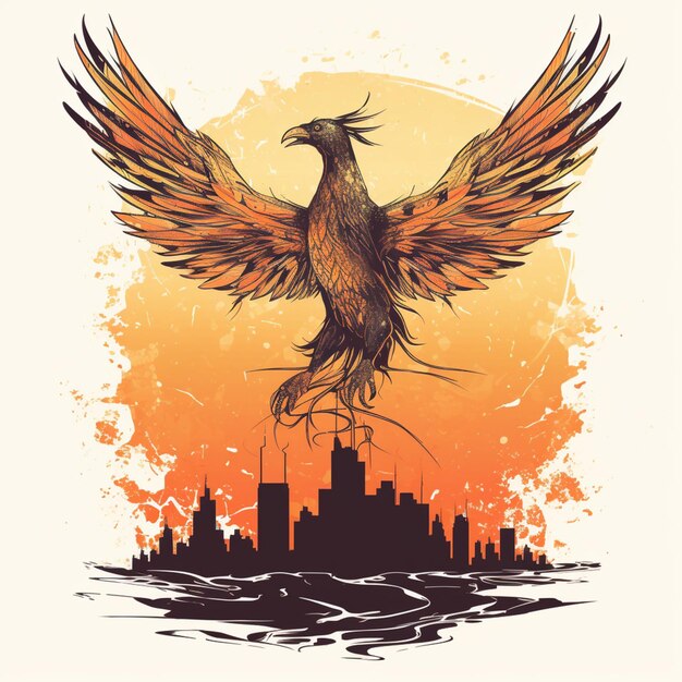 Photo illustration of a bird flying over a city with a sunset in the background generative ai