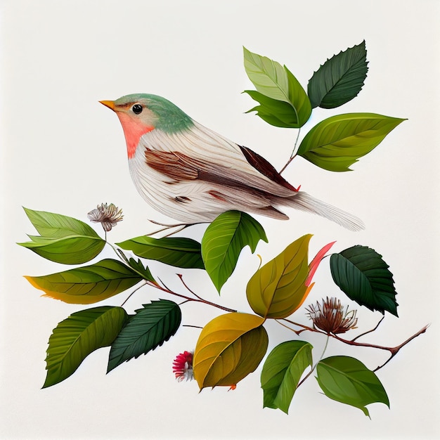 Illustration of a bird with flowers. beautiful color bird on flora. Leaves, twigs and flowers.