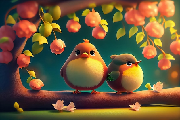 Illustration of birds sitting on the branch on blossom tree ai