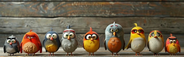 иллюстрация птиц с различными эмоциями на деревянном фоне