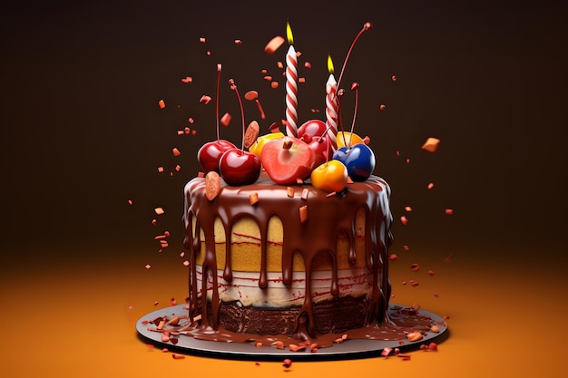 Illustration of birthday cake in 3d blender style single color back