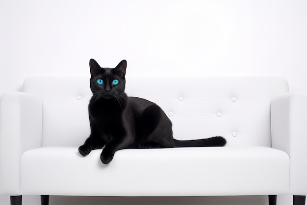 illustration of A black cat is sitting on a white sofa Generative ai