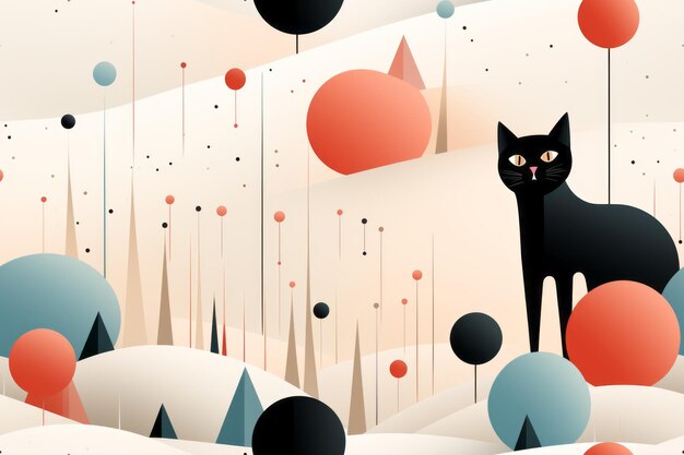 an illustration of a black cat in the middle of a field