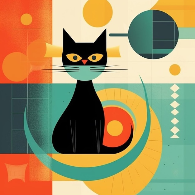 Photo illustration of a black cat sitting on a colorful background generative ai