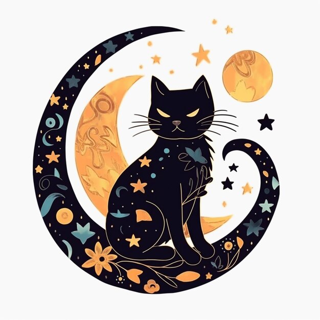 별과 달이 있는 반달 위에 앉아 있는 검은 고양이의 일러스트레이션