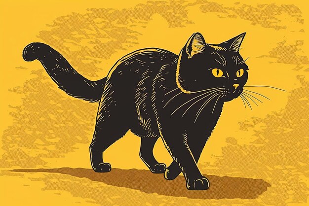 Illustration of a black cat strolling on a yellow backdrop