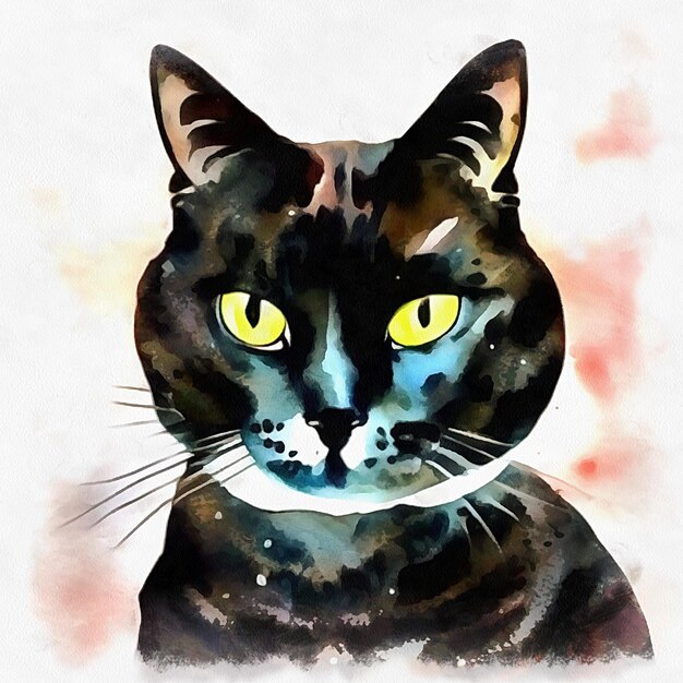 Illustration of black cat in watercolor style on paper canvas generative AI