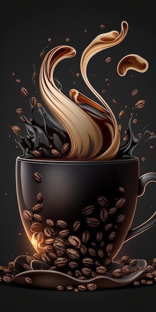 Illustration of a black coffee cup with a backdrop of roasted beans