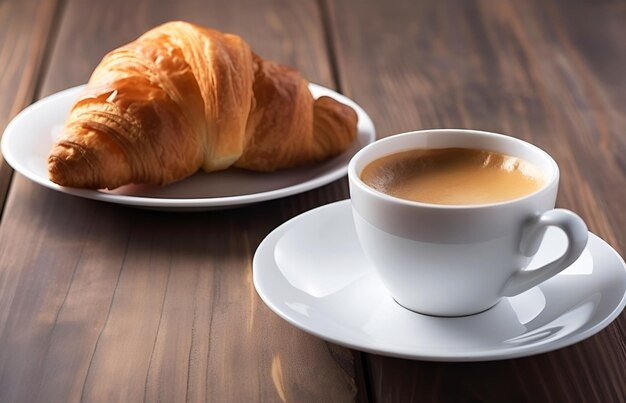 Illustration of black coffee with croissant on plate on wooden background