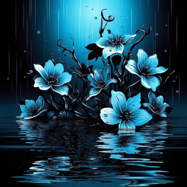 illustration of black flowers in water hard blue theme