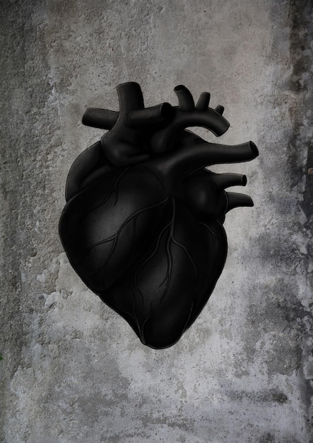 Foto illustrazione di un cuore nero su un vecchio muro rotto