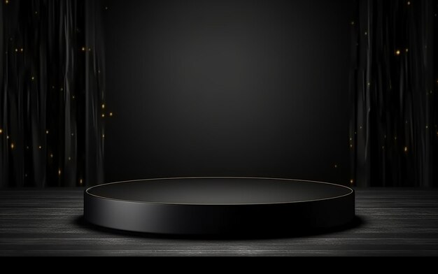 Photo an illustration of a black round podium set against a dark background for product presentation