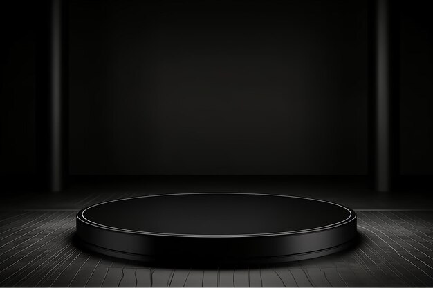 An illustration of a black round podium set against a dark background for product presentation