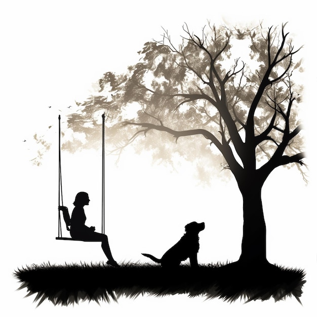 A Illustration black Silhouette on white background somebody is swinging on a swing in a summerly