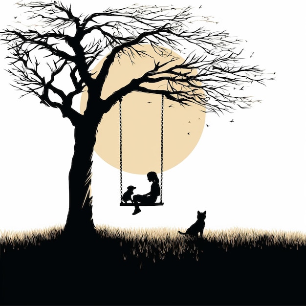 A Illustration black Silhouette on white background somebody is swinging on a swing in a summerly