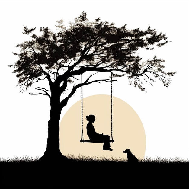 A Illustration black Silhouette on white background somebody is swinging on a swing in a summerly