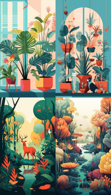 Illustration black stroke of a landing page for website landscape flower animals tree Generative ai