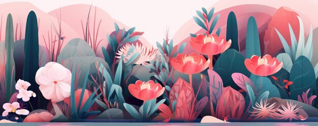 Illustration black stroke of a landing page for website landscape flower animals tree Generative ai