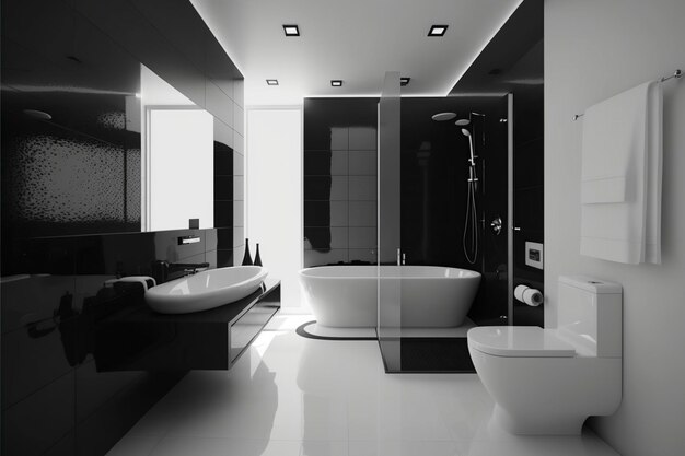 Photo illustration black and white bathroom with bathtub and shower ai generative