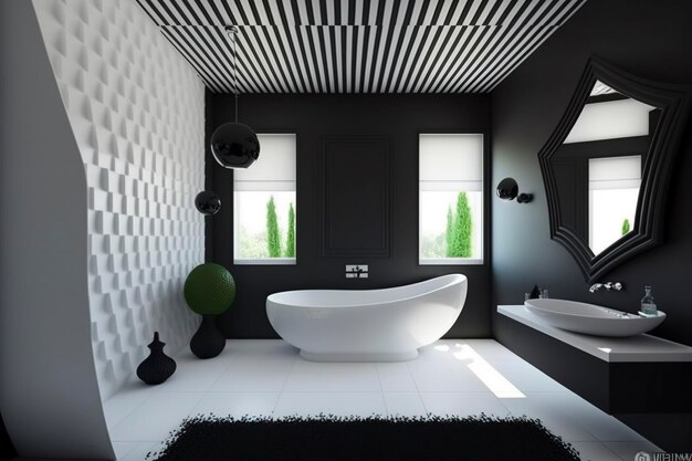 Photo illustration black and white bathroom with bathtub and shower ai generative