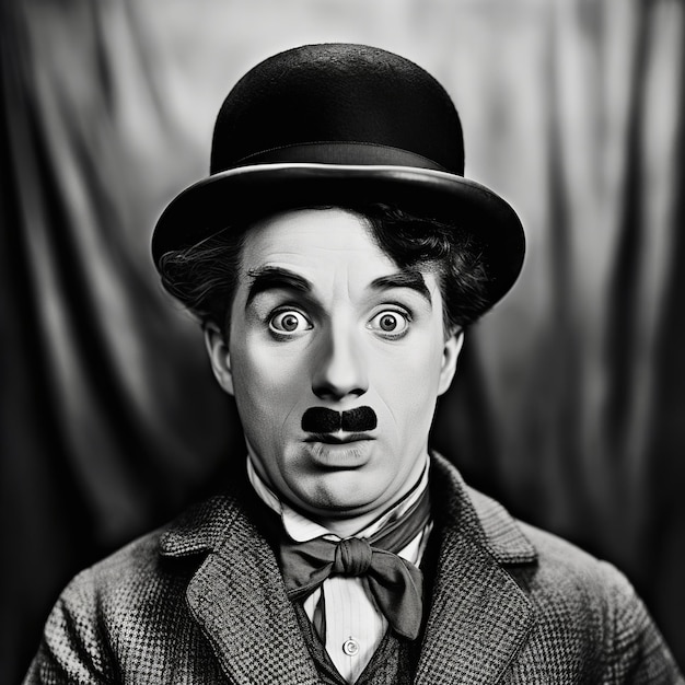 Foto illustrazione di un ritratto fotografico in bianco e nero di charlie chaplin