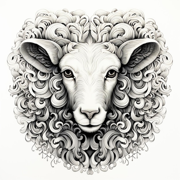 Foto illustrazione di uno schizzo in bianco e nero di una testa di pecora