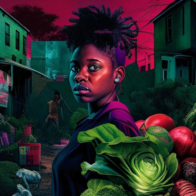 Illustration of black woman around vegetables suburbs abstracts Celebrating Black History Month