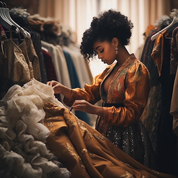 illustration of black woman is picking some clothing for her closet