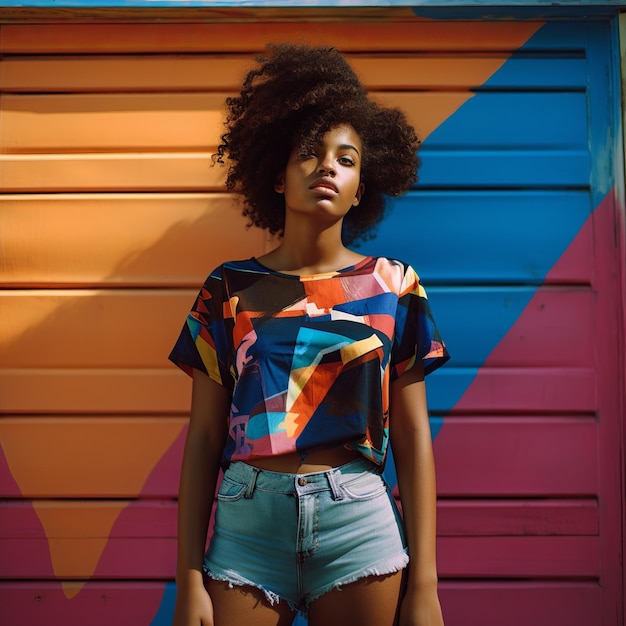 다채로운 셔츠와 반바지를 입고 있는 흑인 여성의 그림
